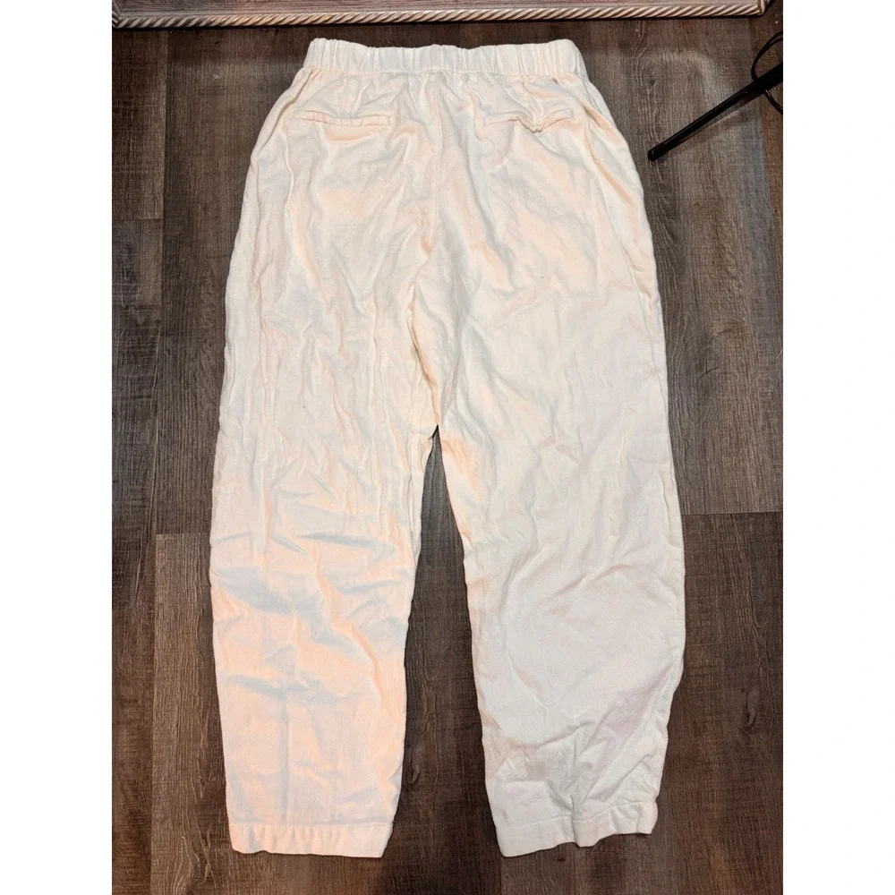 Zara Womens XS White 100% Cotton Drawstring Relaxed Straight Leg Pants Snap Hem